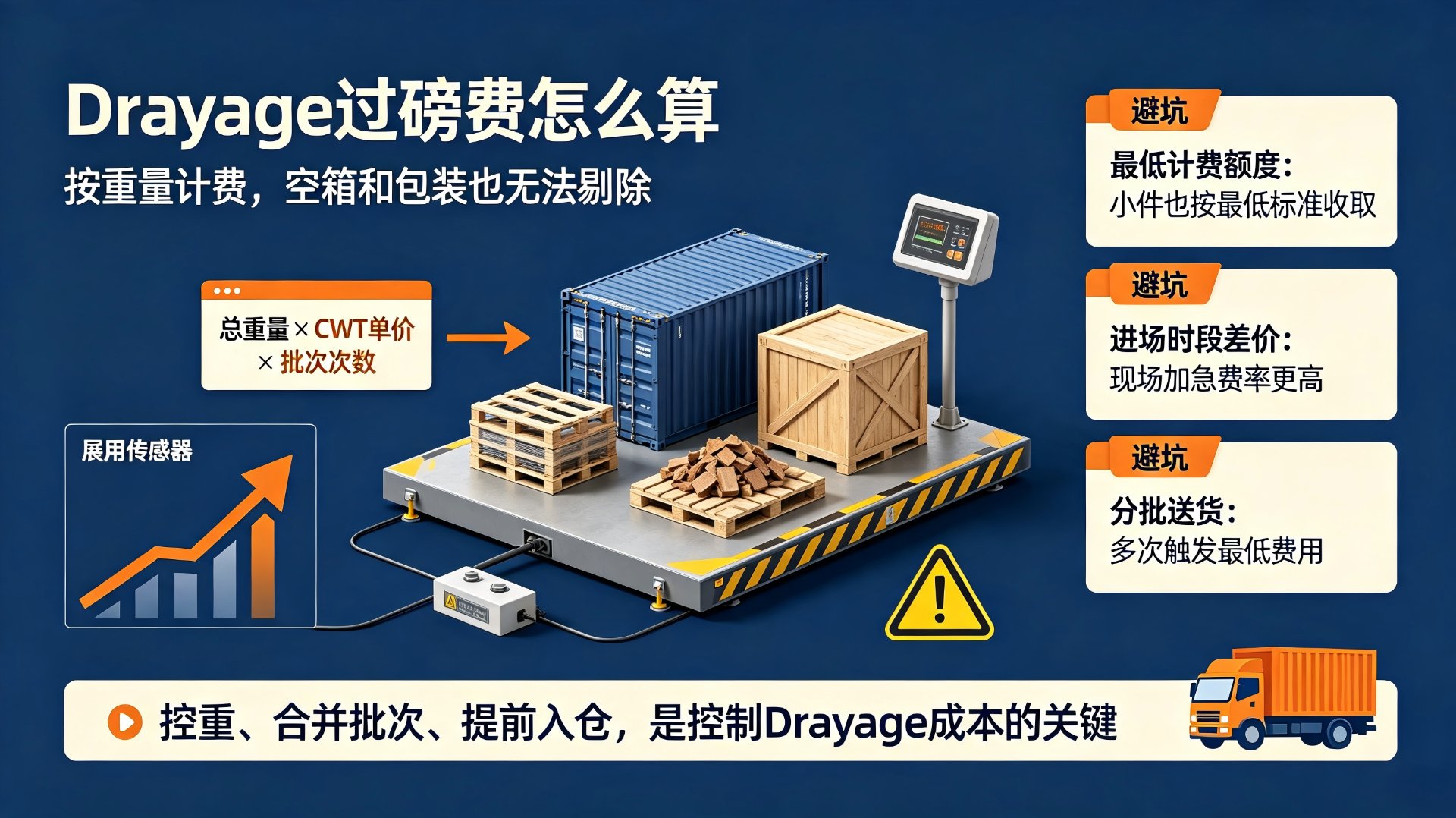 Drayage 过磅费计费方式：总重量×CWT单价×批次次数，空箱包装无法剔除