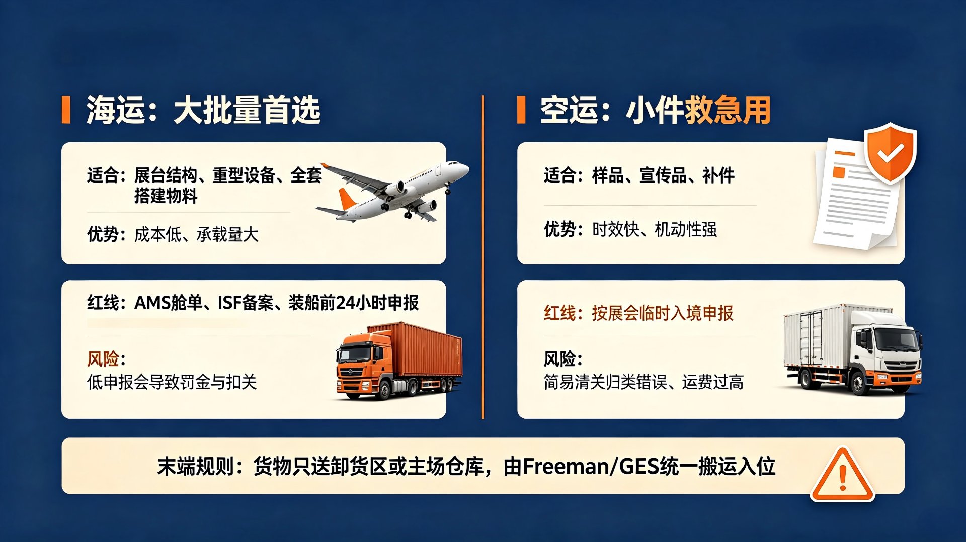 美国展会海运 vs 空运渠道对比：适用场景、优势、红线与末端派送规则